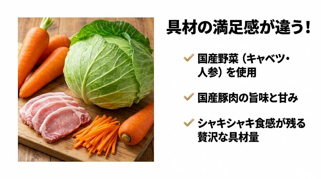 キャベツ、人参、豚肉の新鮮な食材の画像。国産野菜を使用し、シャキシャキ食感が残る贅沢な具材量であることを示している