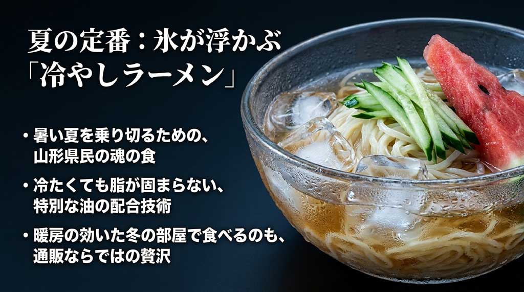 暑い夏を乗り切るための山形県民のソウルフード「冷やしラーメン」の、脂が固まらない特別な技術を紹介するスライド