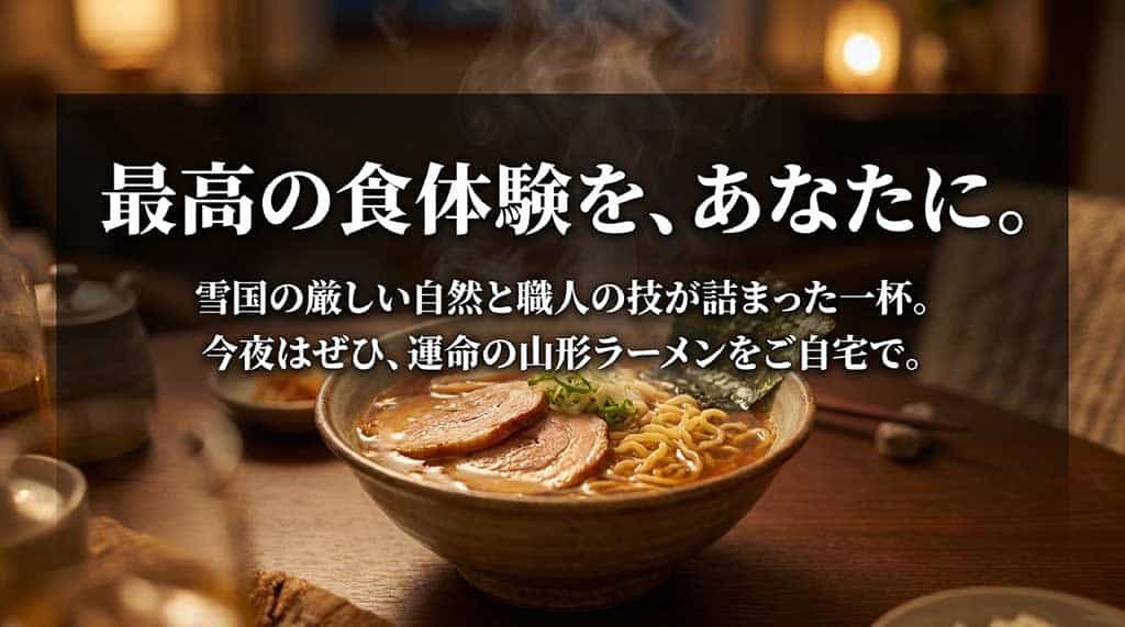 雪国の自然と職人の技が詰まった山形ラーメンを、自宅で楽しむことを提案するエンディングスライド