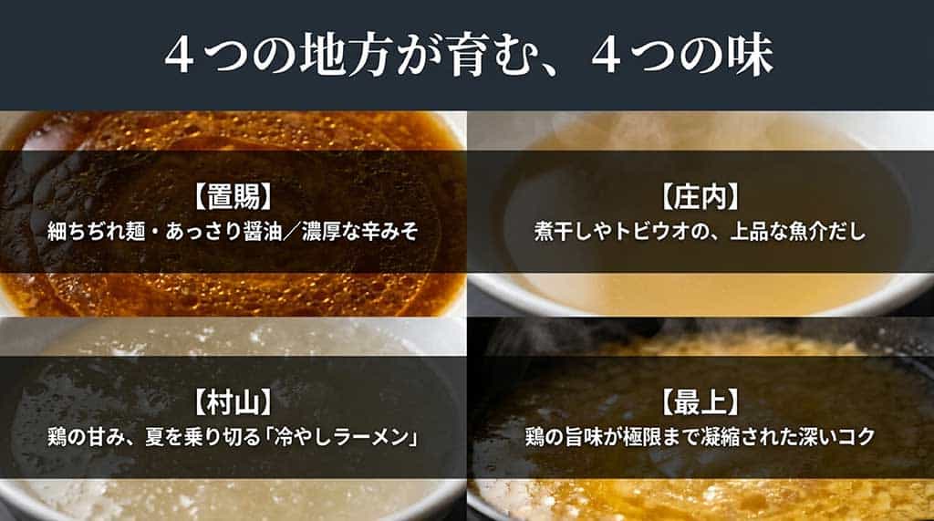 置賜、庄内、村山、最上の各地方におけるスープと麺の特徴をまとめたスライド