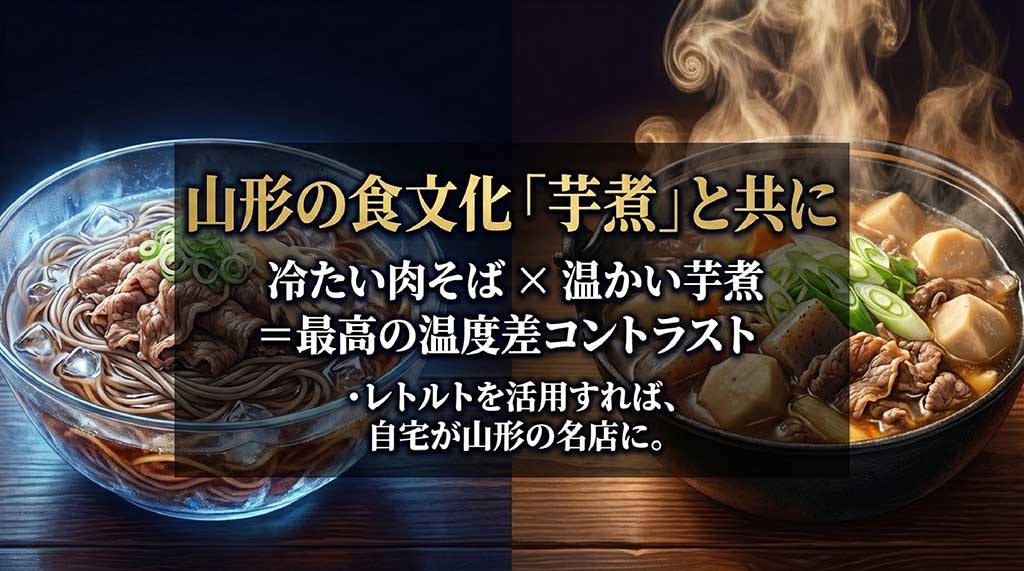 肉そばと芋煮の温度差コントラストによる山形食文化の楽しみ方を解説するスライド