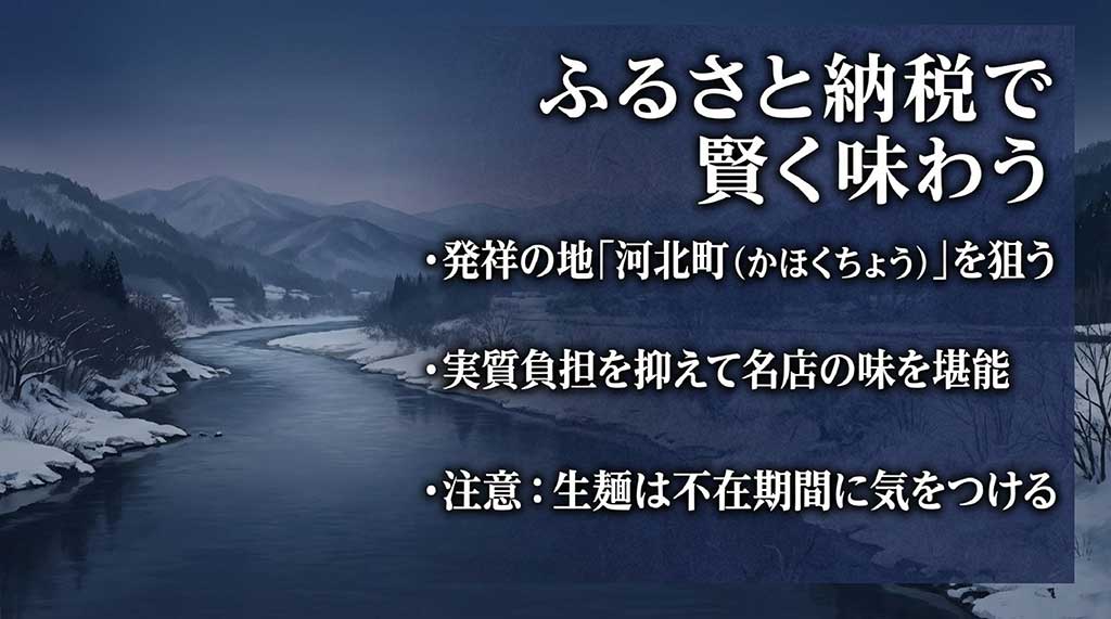河北町への寄付や生麺の受取注意点など、ふるさと納税活用のコツを解説するスライド
