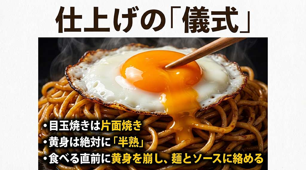 目玉焼きは片面焼きの半熟にし、食べる直前に黄身を崩して麺に絡める手順の解説