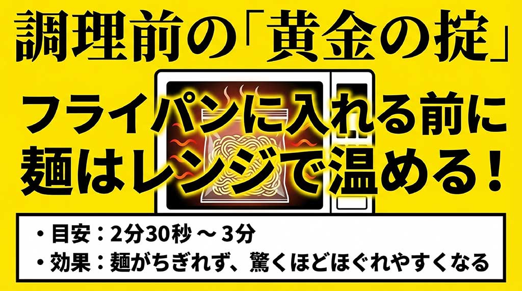 フライパンに入れる前に麺を2分30秒〜3分レンジで温めることで、ほぐれやすくなるコツを解説