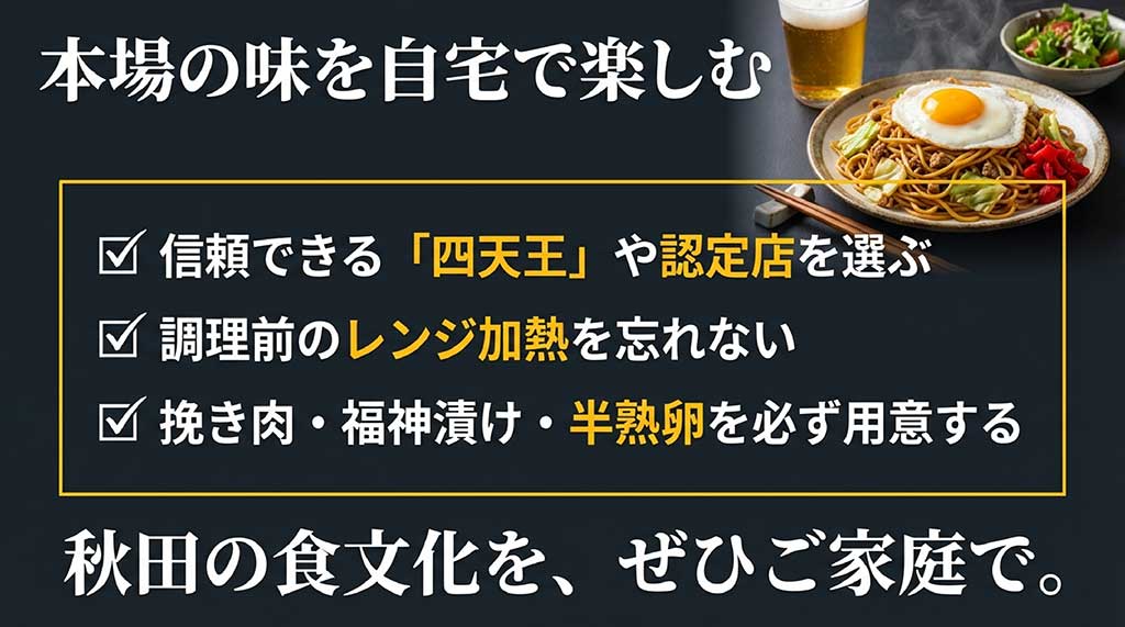 認定店の選択、レンジ加熱、具材の準備など、横手やきそばを自宅で楽しむためのポイントまとめ
