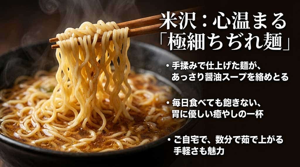 米沢ラーメンの特徴である手揉みの極細ちぢれ麺と、毎日食べても飽きないあっさり醤油スープの魅力を紹介するスライド