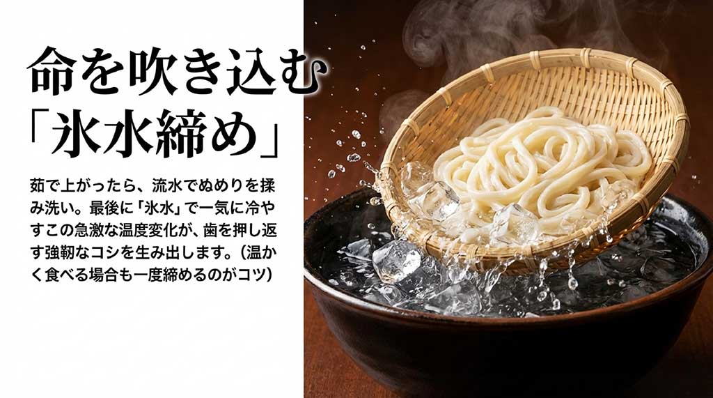 茹で上がり後のぬめり取りと、氷水での急激な冷却によって強靭なコシを生み出す手順の解説