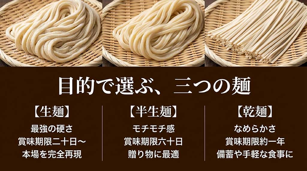 生麺、半生麺、乾麺それぞれの硬さ、賞味期限、おすすめの目的を比較したスライド