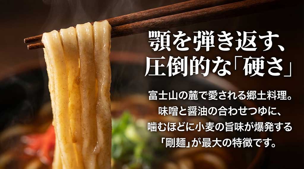 富士山の麓で愛される郷土料理、吉田のうどん。顎を弾き返す圧倒的な硬さと小麦の旨味が特徴の剛麺の説明