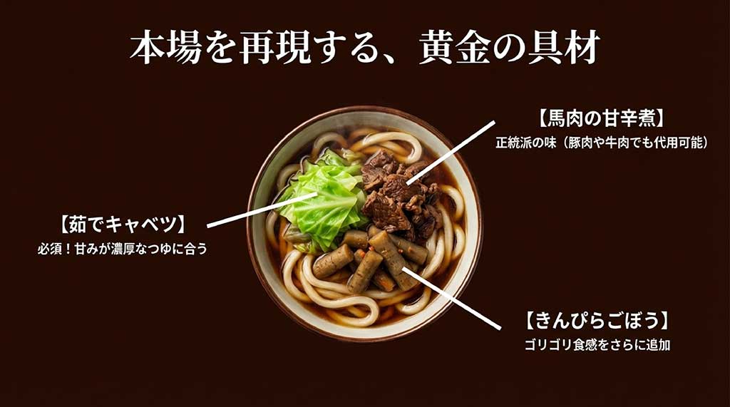 馬肉の甘辛煮、茹でキャベツ、きんぴらごぼうなど、吉田のうどんに欠かせないトッピングの解説画像