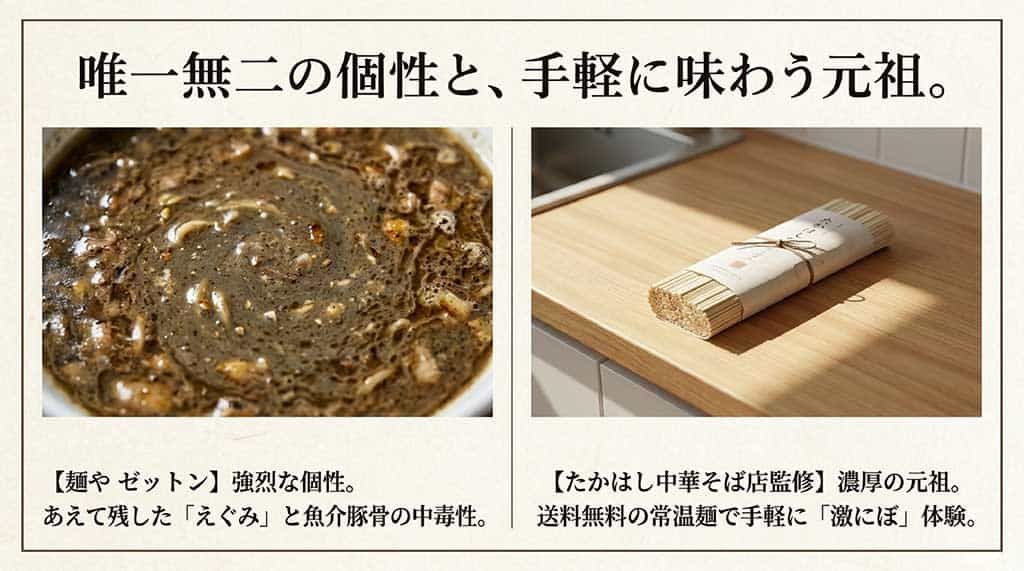 ゼットンのえぐみを活かしたスープと、たかはしの濃厚な「激にぼ」スタイルのビジュアル比較